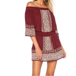 Tularosa Burgundy and White Off-Shoulder Mini Dress